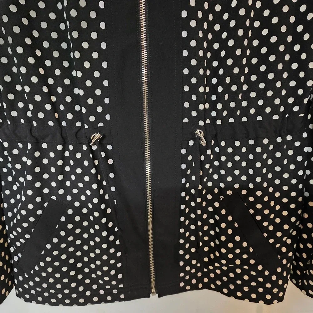 Laura Ashley Black White Polka‎ Dot Zip Up Light Jacket Drawstring Waist Women M